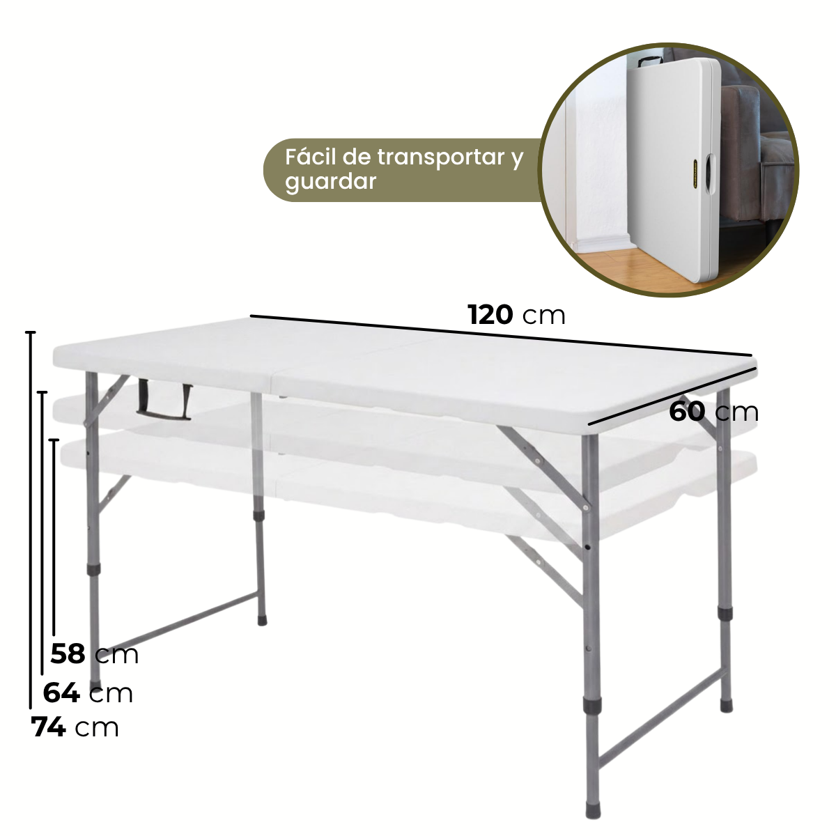 Mesa Plegable 120cm Altura Regulable